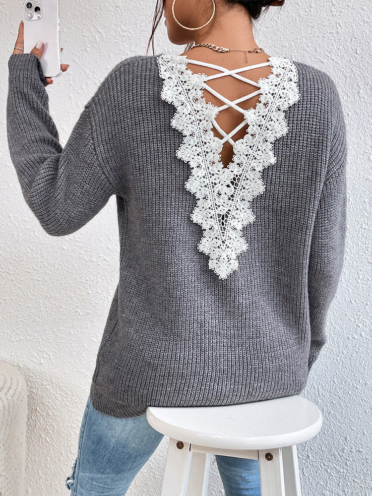 Y2K Backless V-Neck Cashmere Sweater for Women, Aurielle Collection