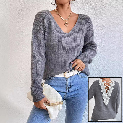 Y2K Backless V-Neck Cashmere Sweater for Women, Aurielle Collection