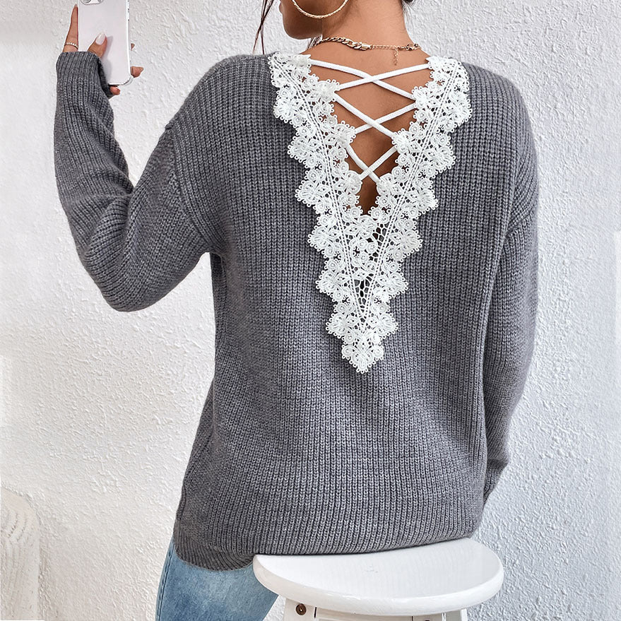Y2K Backless V-Neck Cashmere Sweater for Women, Aurielle Collection