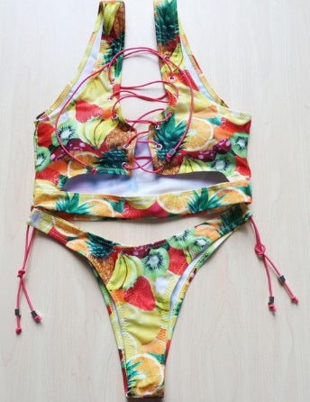 Bikini de piña para mujeres de busto grande, traje de baño de dos piezas con tanga y cordones para mujer