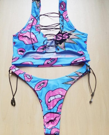 Bikini de piña para mujeres de busto grande, traje de baño de dos piezas con tanga y cordones para mujer