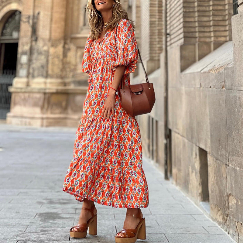 Women’s Bohemian Vintage Printed V-Neck Summer Dress, Aurielle Collection