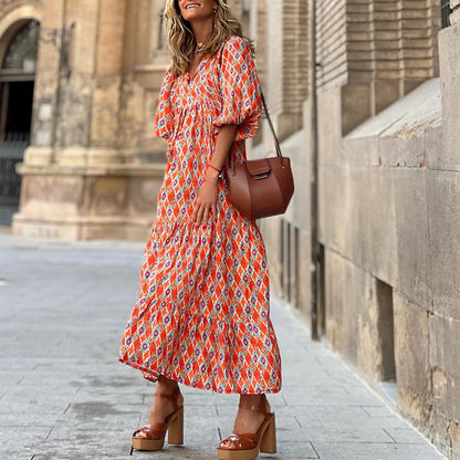 Women’s Bohemian Vintage Printed V-Neck Summer Dress, Aurielle Collection