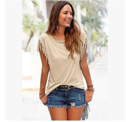 Plus Size Women’s Tassel Cotton Round Neck T-Shirt, Aurielle Collection