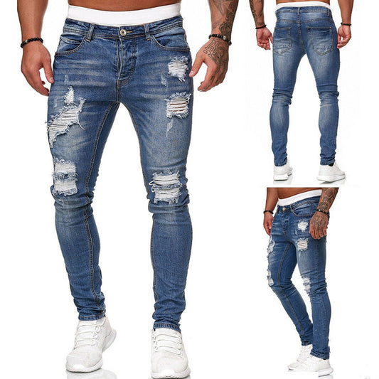 Men’s Ripped Skinny Vintage Wash Denim Jeans, Aurielle Collection