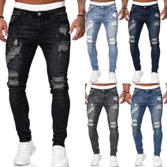 Men’s Ripped Skinny Vintage Wash Denim Jeans, Aurielle Collection