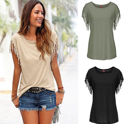 Plus Size Women’s Tassel Cotton Round Neck T-Shirt, Aurielle Collection