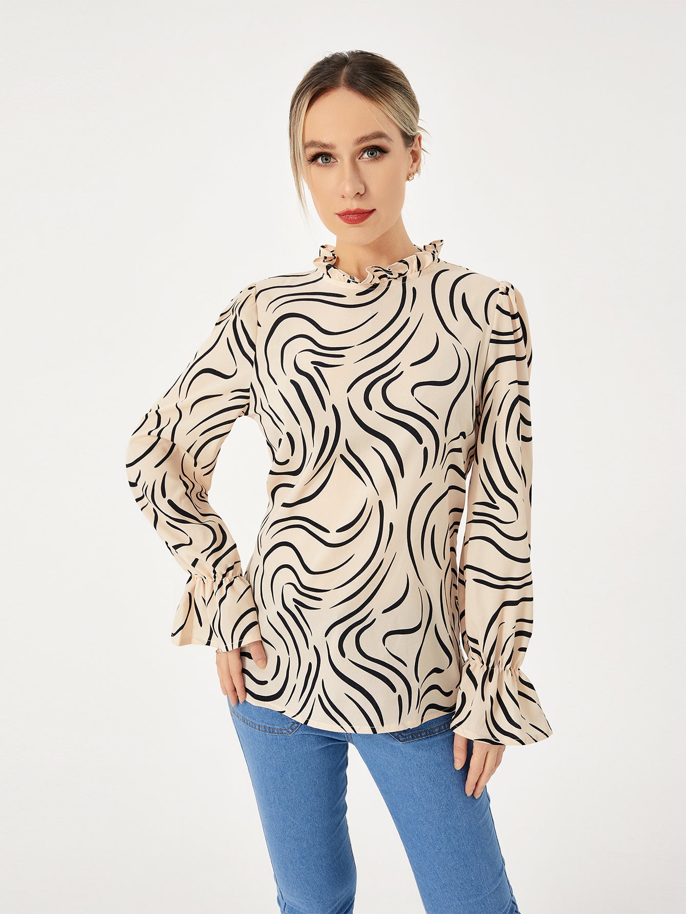 Ladies Graphic Balloon Sleeve Casual Shirt, Aurielle Collection