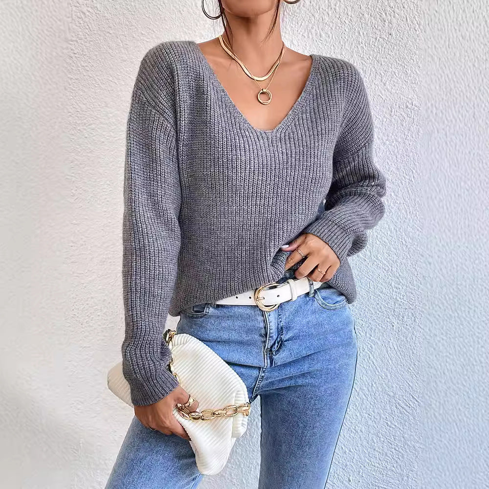 Y2K Backless V-Neck Cashmere Sweater for Women, Aurielle Collection