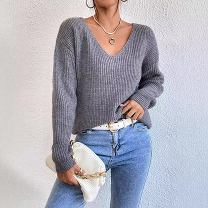 Y2K Backless V-Neck Cashmere Sweater for Women, Aurielle Collection