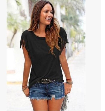 Plus Size Women’s Tassel Cotton Round Neck T-Shirt, Aurielle Collection