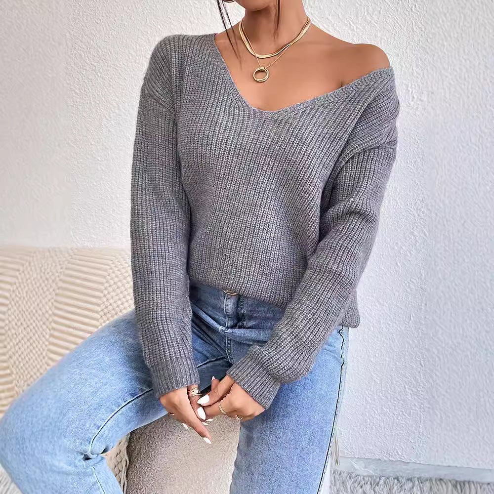 Y2K Backless V-Neck Cashmere Sweater for Women, Aurielle Collection