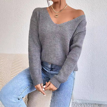 Y2K Backless V-Neck Cashmere Sweater for Women, Aurielle Collection