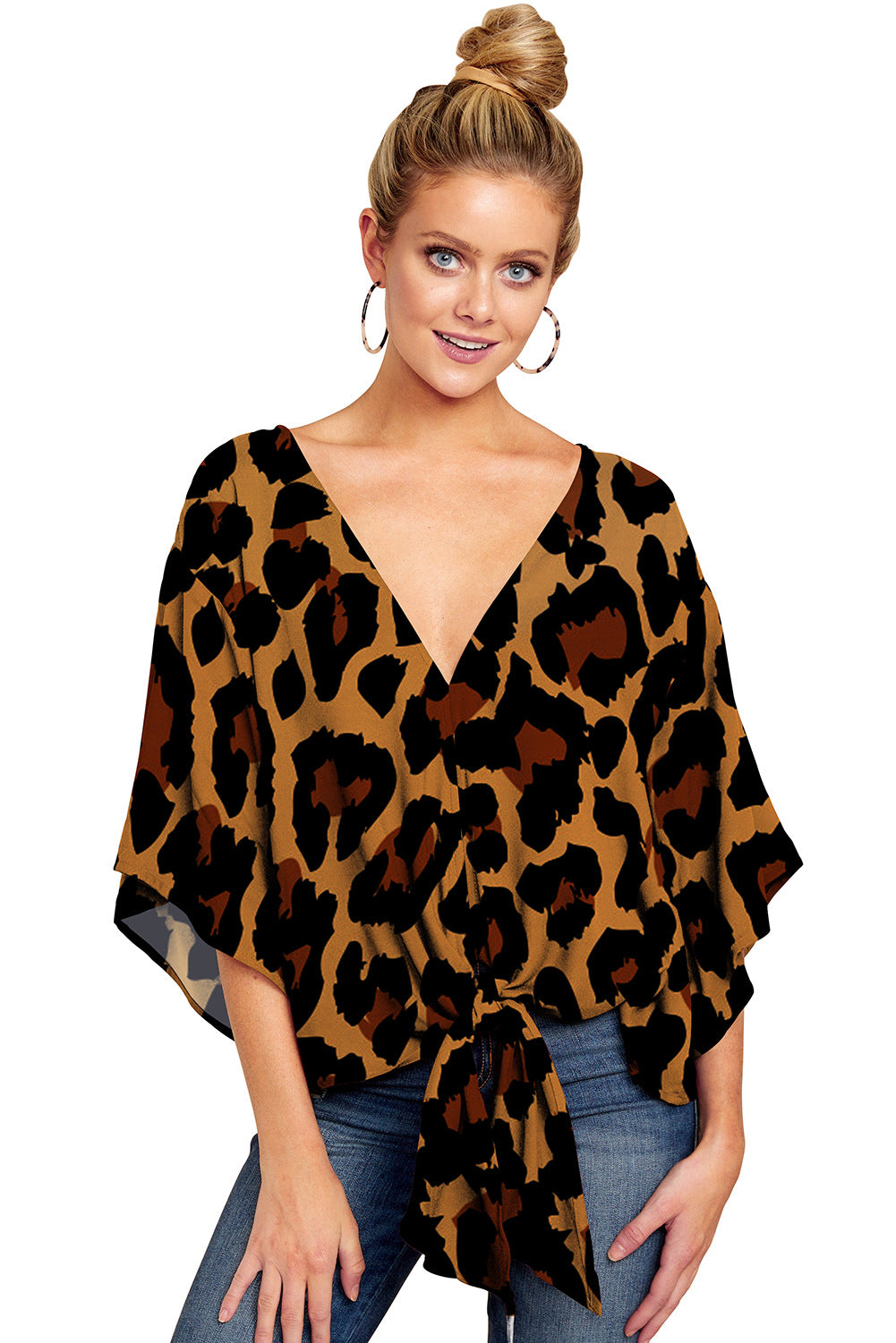 Women’s Leopard Print V-Neck Tie Front Blouse, Aurielle Collection