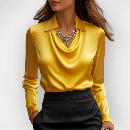 Women’s Satin Draped Office Blouse Long Sleeve Top, Aurielle Collection