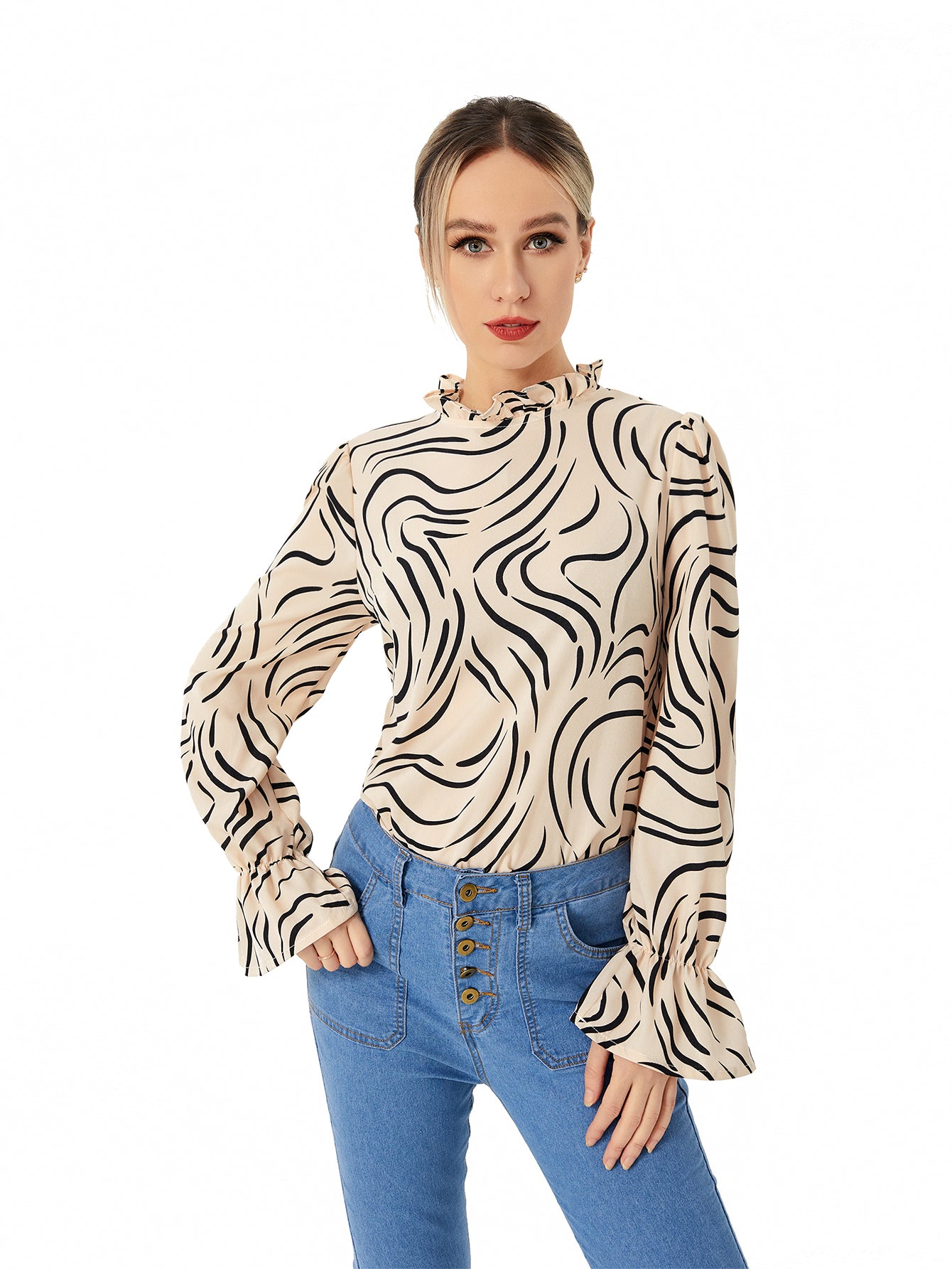 Ladies Graphic Balloon Sleeve Casual Shirt, Aurielle Collection