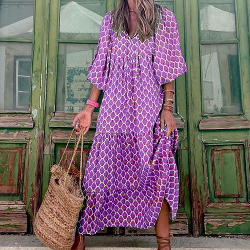 Women’s Bohemian Vintage Printed V-Neck Summer Dress, Aurielle Collection