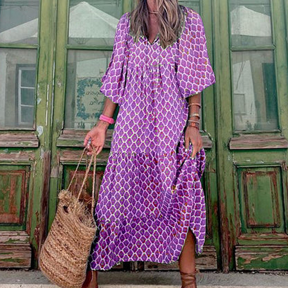 Women’s Bohemian Vintage Printed V-Neck Summer Dress, Aurielle Collection