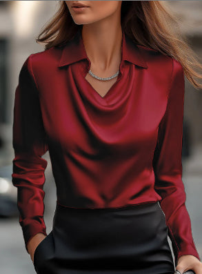 Women’s Satin Draped Office Blouse Long Sleeve Top, Aurielle Collection