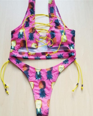 Bikini de piña para mujeres de busto grande, traje de baño de dos piezas con tanga y cordones para mujer