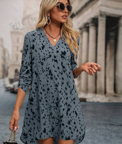 Women’s Allover Print High Low V-Neck Tunic Dress, Aurielle Collection