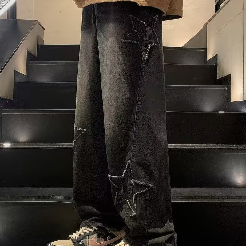 Star Embroidery Wide Leg Y2K Streetwear Denim Jeans, Aurielle Collection