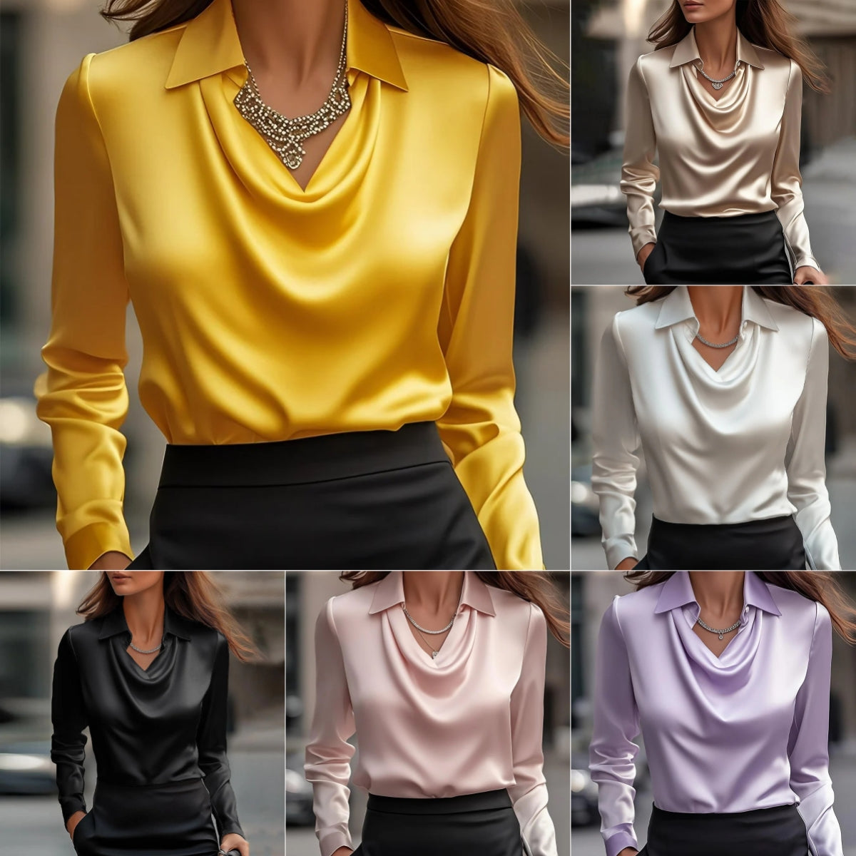 Women’s Satin Draped Office Blouse Long Sleeve Top, Aurielle Collection