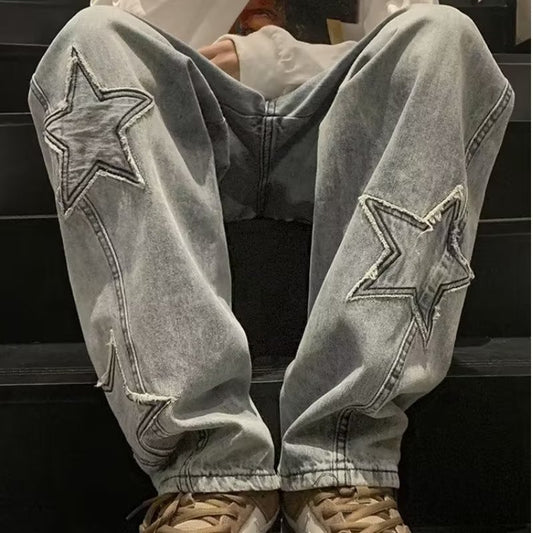 Star Embroidery Wide Leg Y2K Streetwear Denim Jeans, Aurielle Collection