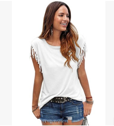 Plus Size Women’s Tassel Cotton Round Neck T-Shirt, Aurielle Collection