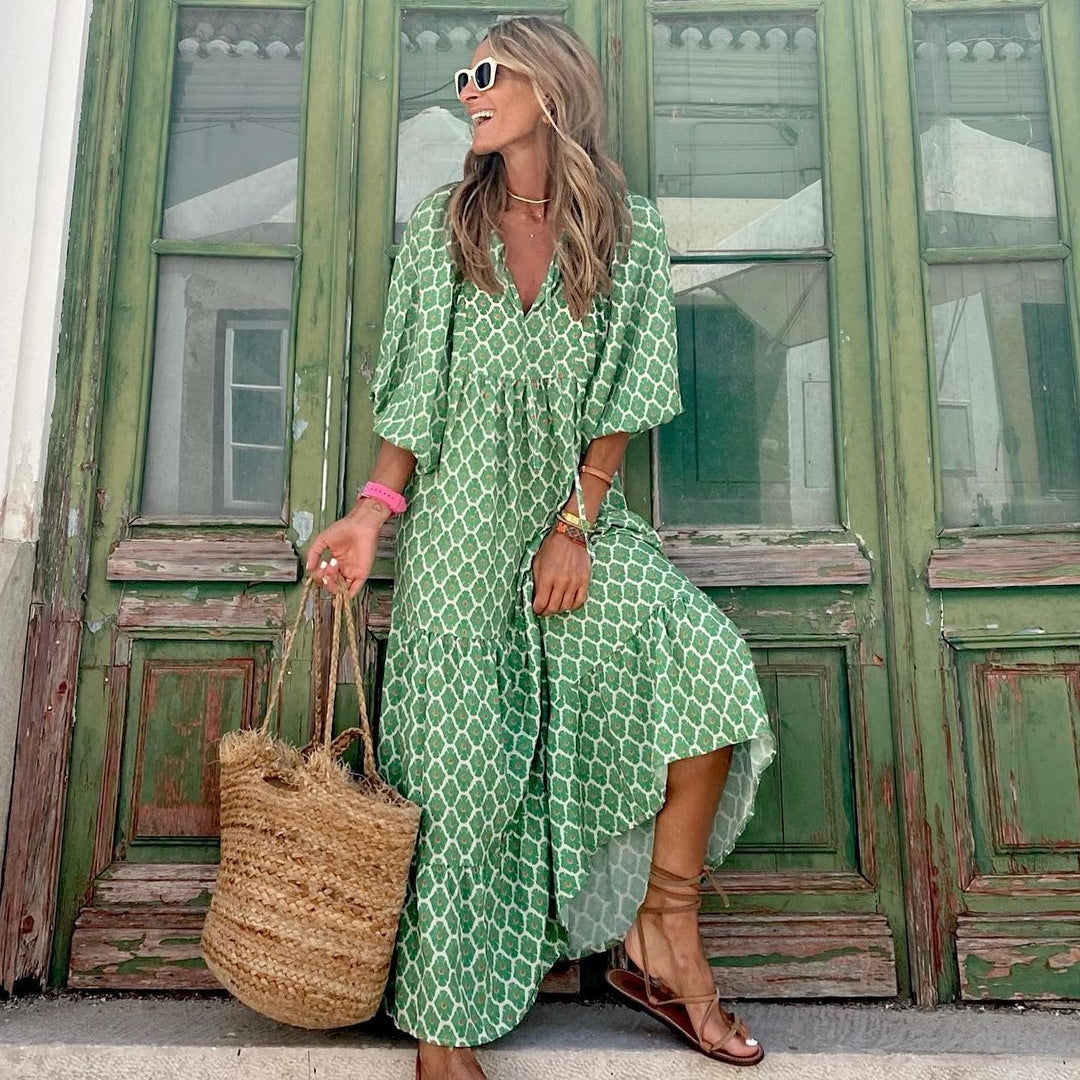 Women’s Bohemian Vintage Printed V-Neck Summer Dress, Aurielle Collection
