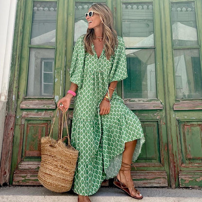 Women’s Bohemian Vintage Printed V-Neck Summer Dress, Aurielle Collection