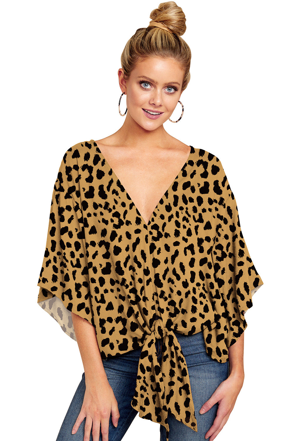 Women’s Leopard Print V-Neck Tie Front Blouse, Aurielle Collection