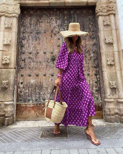 Women’s Bohemian Vintage Printed V-Neck Summer Dress, Aurielle Collection