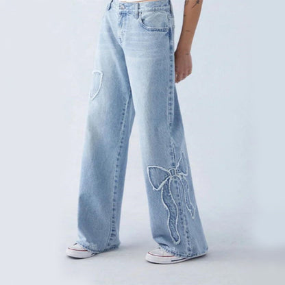 Women’s Embroidered Butterfly Baggy Streetwear Jeans, Aurielle Collection