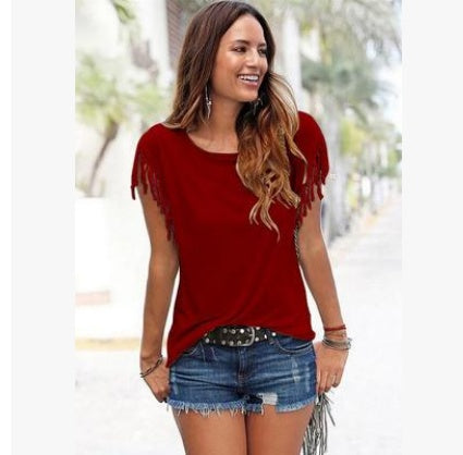 Plus Size Women’s Tassel Cotton Round Neck T-Shirt, Aurielle Collection
