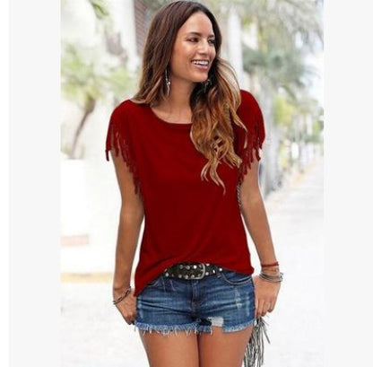 Plus Size Women’s Tassel Cotton Round Neck T-Shirt, Aurielle Collection