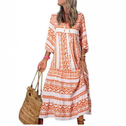 Women’s Bohemian Vintage Printed V-Neck Summer Dress, Aurielle Collection