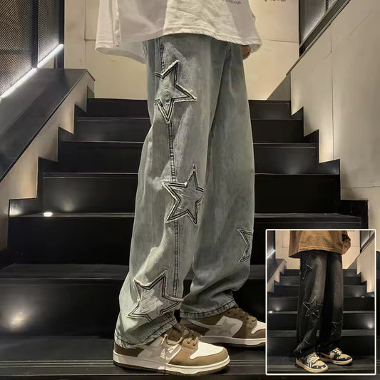 Star Embroidery Wide Leg Y2K Streetwear Denim Jeans, Aurielle Collection