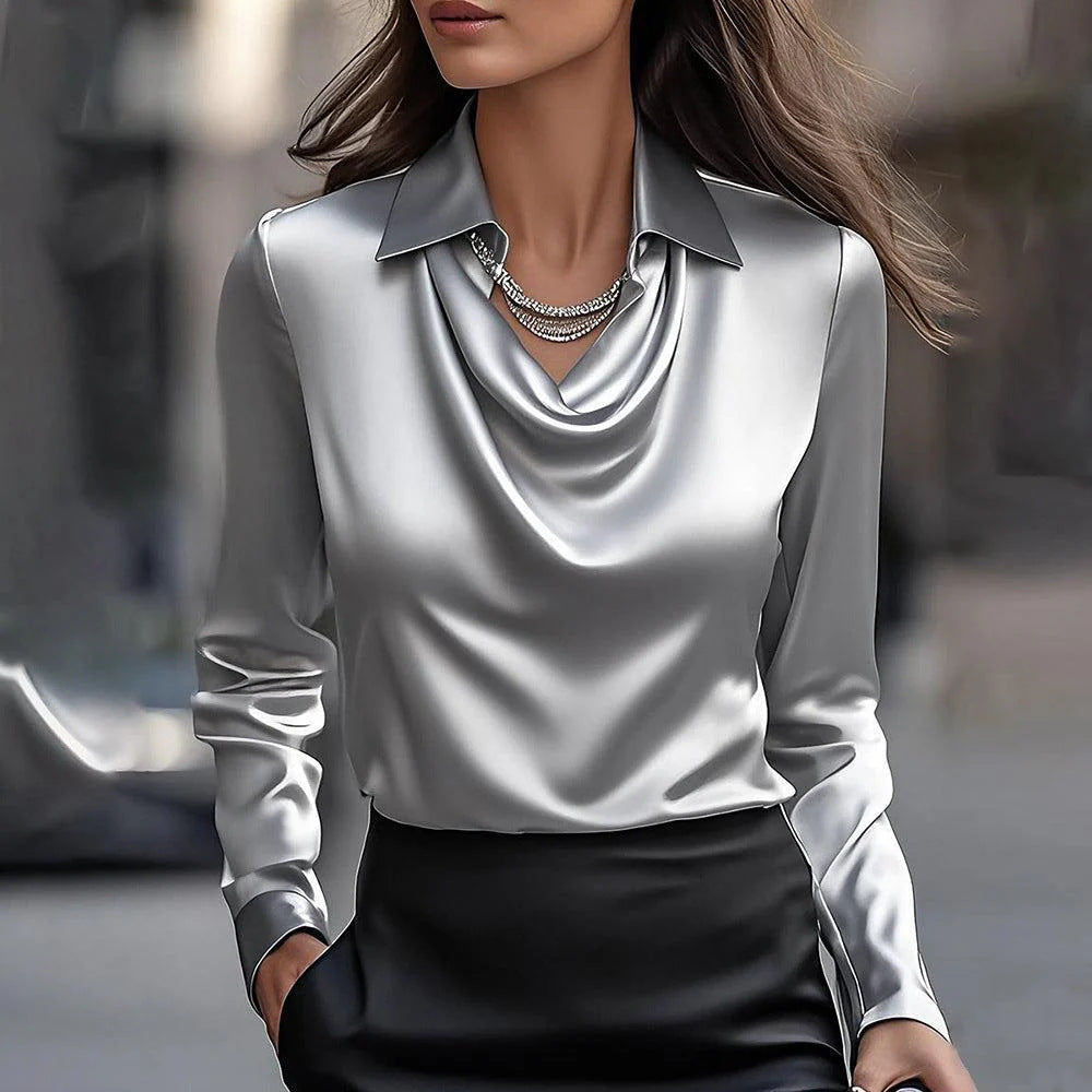Women’s Satin Draped Office Blouse Long Sleeve Top, Aurielle Collection