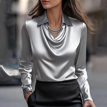 Women’s Satin Draped Office Blouse Long Sleeve Top, Aurielle Collection