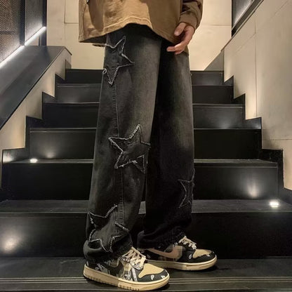 Star Embroidery Wide Leg Y2K Streetwear Denim Jeans, Aurielle Collection