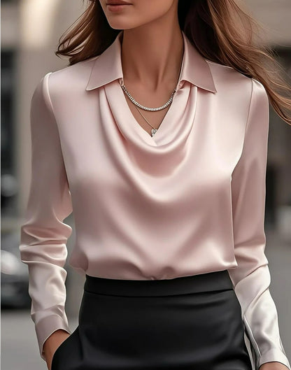 Women’s Satin Draped Office Blouse Long Sleeve Top, Aurielle Collection
