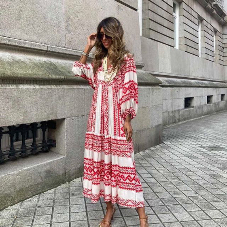 Women’s Bohemian Vintage Printed V-Neck Summer Dress, Aurielle Collection