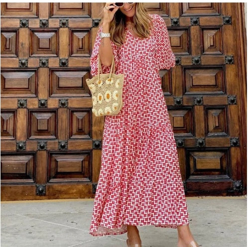 Women’s Bohemian Vintage Printed V-Neck Summer Dress, Aurielle Collection