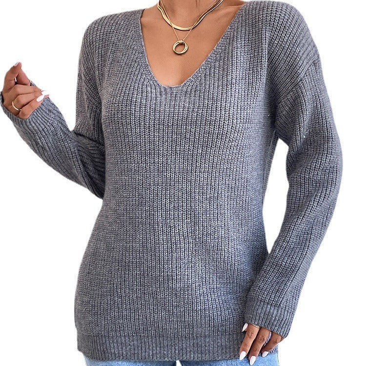 Y2K Backless V-Neck Cashmere Sweater for Women, Aurielle Collection