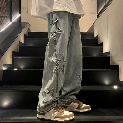 Star Embroidery Wide Leg Y2K Streetwear Denim Jeans, Aurielle Collection