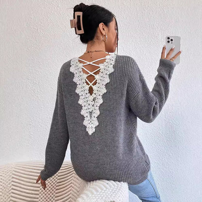 Y2K Backless V-Neck Cashmere Sweater for Women, Aurielle Collection