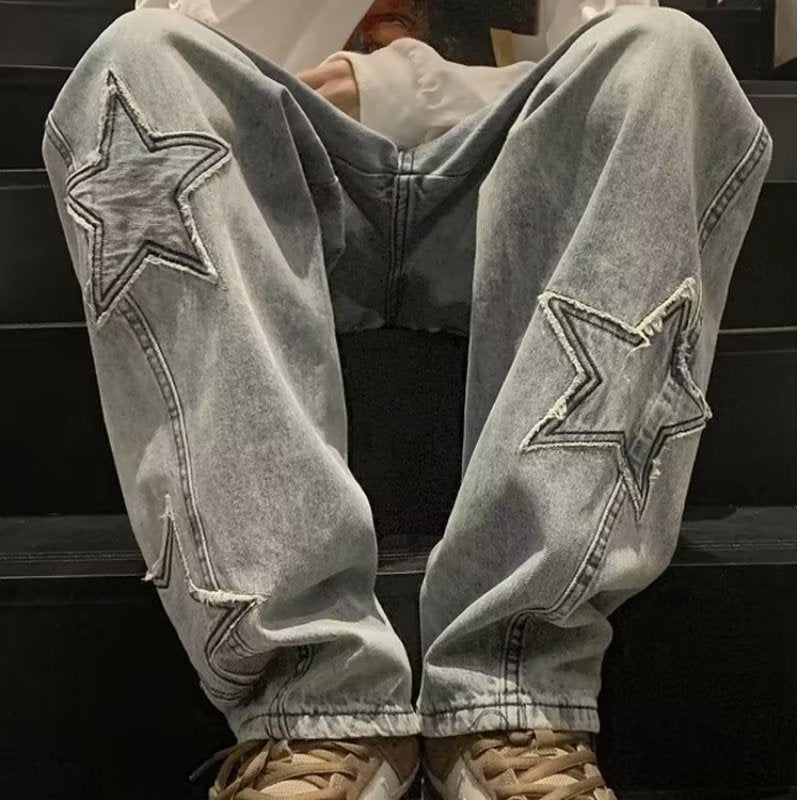 Star Embroidery Wide Leg Y2K Streetwear Denim Jeans, Aurielle Collection