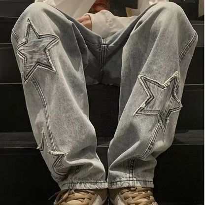 Star Embroidery Wide Leg Y2K Streetwear Denim Jeans, Aurielle Collection